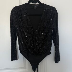 Black Sequin Wrap Bodysuit Top